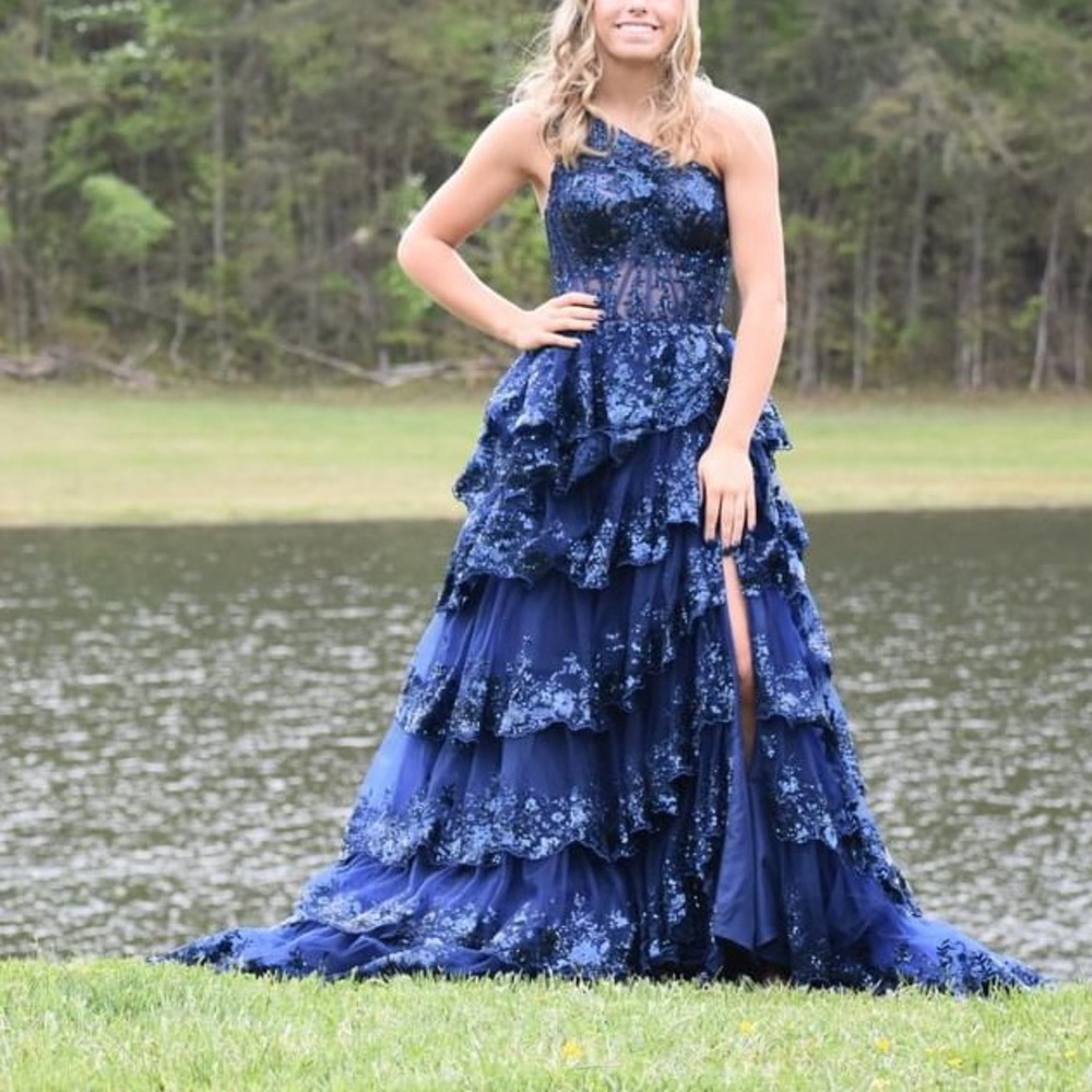Sherri Hill One Shoulder Navy Prom Dress